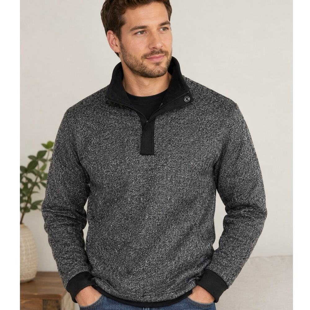 Carbon 2 Cobalt Quarter zip Fleece Lined Charcoal Herringbone Sweater Jacket M